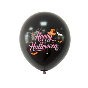 Schwarzes Halloween-Ballondetail mit rosa Partytext und gruseligen Festtag-Grafiken.