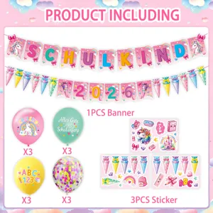 Back to school party decoration set unicorn banner balloons and stickers bundle for kids.