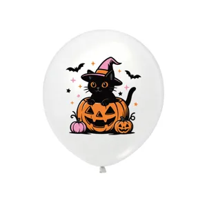 Weißer Latex-Halloween-Ballon mit niedlichem schwarzem Kater im Kürbis für Partydeko.