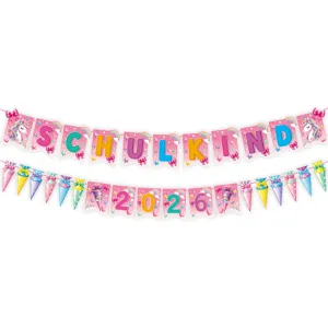 Detailed view of the unicorn back-to-school banner garland with Schulkind 2026 print.