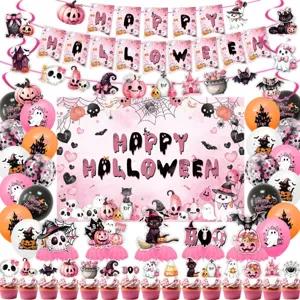 Süßes Rosa Halloween Party Dekoration Set Papier Banner Spiralen Hängende Wirbel Waben Ornament Cupcake Topper Latex Luftballons Kit Für Festliche Hausdeko Bedarf