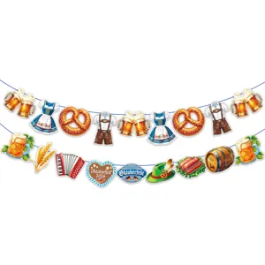 Oktoberfest party hanging banner decoration with beer mugs and traditional costumes.