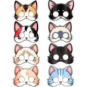 Joli lot de 8 masques de chat de dessin animé, idéal pour décoration de fête d'anniversaire.
