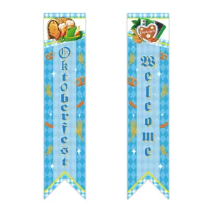 Oktoberfest porch sign banners set, blue white checkered Bavarian party hanging decorations.