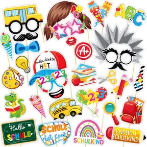 Set di Accessori per Foto Rientro a Scuola Tedesco Schule Schulkind Decorazioni per Feste Occhiali a Cartone Animato Maschera Scuolabus per Bambini