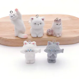 Cute 3D Flocked Resin Cat Dog Charms Cartoon Animal Miniature Figurines For DIY Keychain Pendant Jewelry Making Crafts Accessories