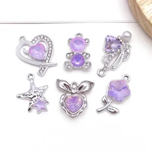 DIY silver alloy purple crystal pendants set heart bear flower charms for jewelry making accessories