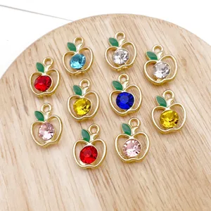 DIY alloy apple pendant charms with green enamel leaf and colorful rhinestone crystals.