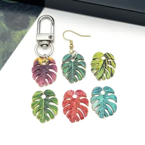 DIY enamel monstera leaf keychain charm colorful cute bag pendant jewelry accessories set