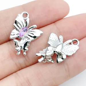 Silver alloy butterfly charms DIY jewelry pendant with pink gemstone for handmade craft earrings.