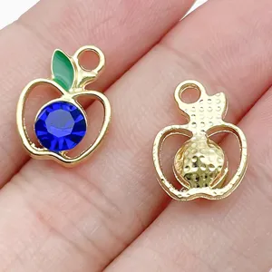 DIY apple pendant alloy charm blue crystal rhinestone green enamel jewelry making accessory