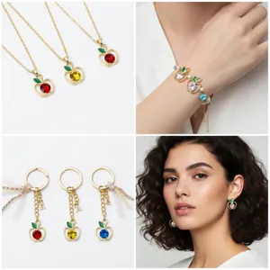DIY Apple Pendant Necklace Bracelet Keychain Earrings Set Alloy Rhinestone Jewelry