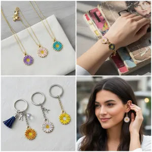 Alloy enamel daisy sunflower pendant necklace bracelet keychain earring fashion jewelry set.