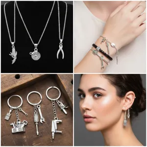 DIY alloy jewelry accessories detail showing tool shaped necklace bracelet keychain and earrings.