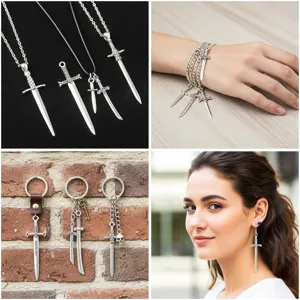 Close-up details of alloy sword pendant necklace, bracelet, keychain and unique earrings set.