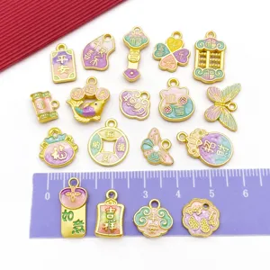 Chinese style gold enamel alloy charms pendants fish lock coin lucky DIY jewelry parts