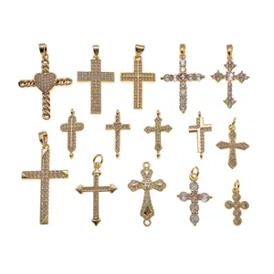 Set di ciondoli croce in zircone dorato, 14 stili assortiti per creazione gioielli.