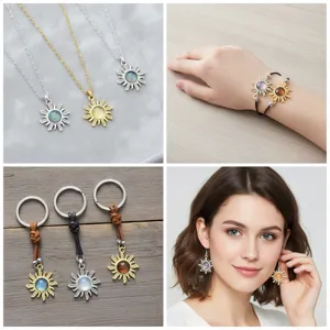 Zinc alloy cat eye stone sun pendant DIY jewelry set necklace earrings keychain accessories