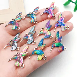 Colorful painted hummingbird double loop alloy pendant DIY jewelry accessories detail view