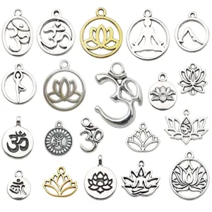 DIY Lega di Zinco Yoga Loto Om Simbolo Ciondoli Antico Argento Oro Ciondoli Tondi Traforati per Creazione Gioielli Collana Orecchino Accessori