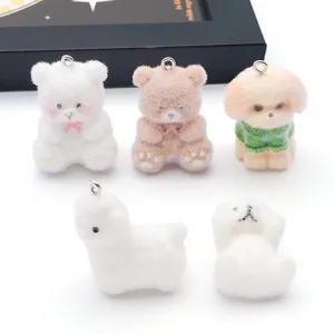 3D Flocked Resin Animal Charms Cute Bear Dog Alpaca Polar Bear Figures For Keychain Jewelry Making DIY Bag Accessories Charms