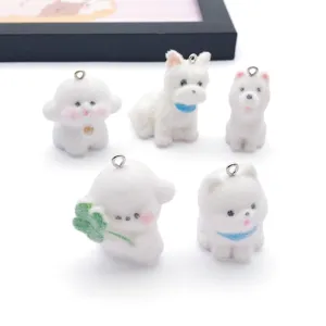 Cute white flocked animal resin pendants, 3d cartoon puppy charms for diy keychains and bag accessories.