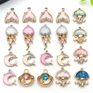 Alloy Ocean Theme Charms Dolphin Jellyfish Fish Tail Rhinestone Pendants For DIY Craft Earring Necklace Bracelet Making Accessories