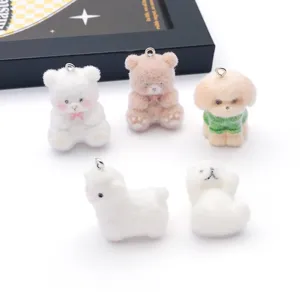 Flocked resin animal charms pendants cute bear puppy DIY keychain bag hanging accessories