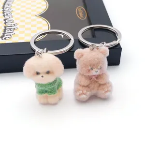 Flocked animal keychain cute resin bear and dog pendant diy bag charm mobile phone accessory