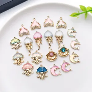 Ocean theme DIY alloy rhinestone charms, mixed jellyfish fish tail pendants for jewelry making.
