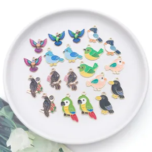 DIY alloy enamel bird charms set, cute hummingbird parrot raven pendants for handmade jewelry making.