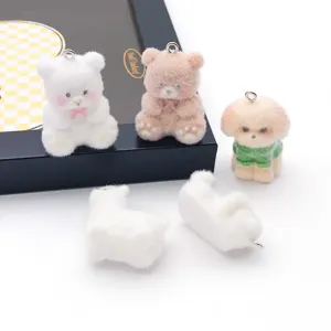 Flocked resin animal charms cute teddy bear puppy pendants DIY keychain bag accessories