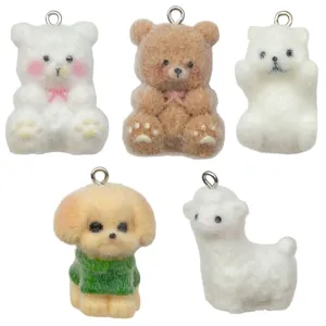 Cute flocked animal pendants, resin bear and dog charms, perfect for DIY keychains and bag accessories.