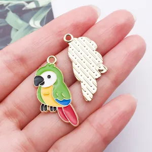 Metal alloy enamel parrot charm pendant closeup for DIY handmade earrings necklaces keychains.