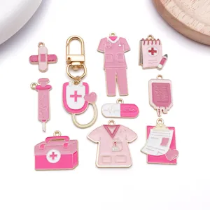 Pink nurse medical DIY alloy charms and keychain pendants, perfect for handmade jewelry crafting.