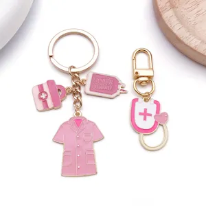 Pink nurse medical alloy keychain DIY charm jewelry accessory cute doctor coat stethoscope pendant