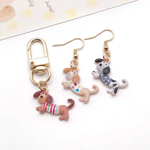 DIY enamel dachshund dog charms set with keychain and earring hooks for handmade jewelry crafts.