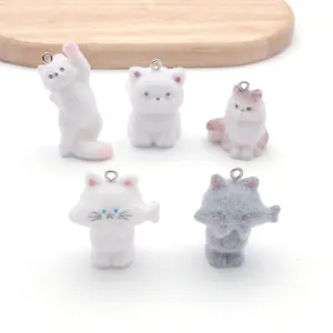 Flocked resin cat keychain cute mini animal pendant bag charm ornament wholesale 1pc