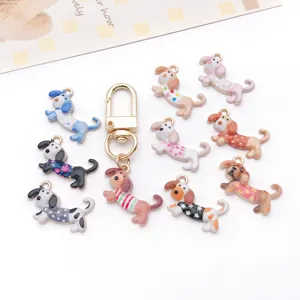 DIY enamel dachshund dog charms set with gold keychain clasp for handmade jewelry making.