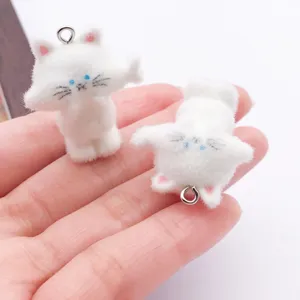 Cute white flocked cat charms resin pendant DIY keychains jewelry making accessories pack