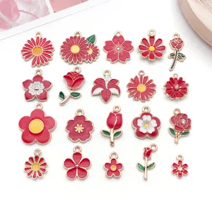 Rode geëmailleerde bloemen hangers, metalen legering DIY sieraden materialen voor armbanden.