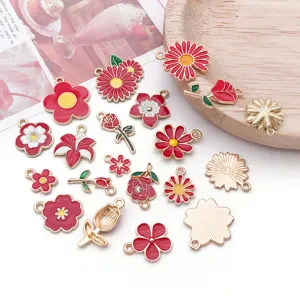 20 Stuks Rode Emaille Bloem Bedels Verguld Legering DIY Hangers voor Armbanden Kettingen