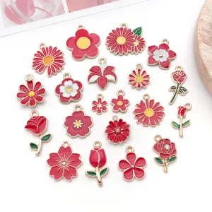 Rode emaille bloem bedels, DIY sieraden maken hangers, knutselmateriaal groothandel.
