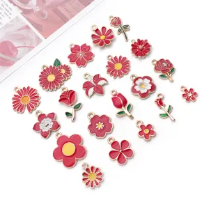 Mooie rode emaille bloem charms legering DIY sieraden maken voor armbanden kettingen