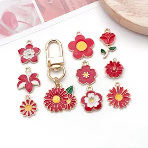 DIY Geëmailleerde rode bloem bedels set, metalen hanger accessoires voor armband ketting.