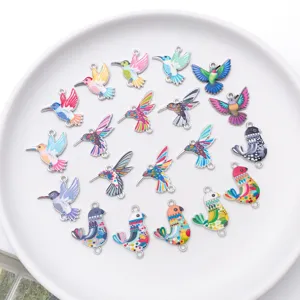 Colorful enamel hummingbird charms, detailed view of alloy DIY jewelry accessories.