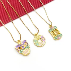 Gold plated enamel pendant necklace traditional Chinese lucky design detail view for women jewelry.