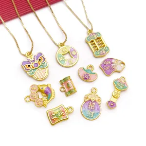 Traditional Chinese style alloy drip oil gold pendant charms jewelry accessories wholesale.