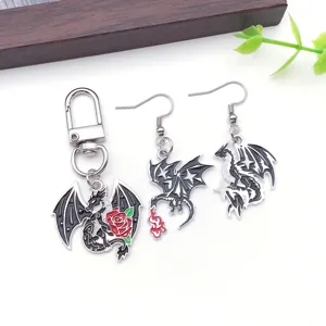 Ensemble porte-clés et boucles d'oreilles dragon gothique émaillé accessoire bijoux DIY