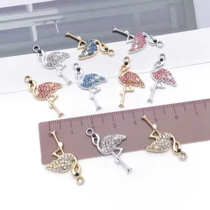 Metal rhinestone flamingo charms alloy crystal pendants for DIY handmade jewelry making accessories.